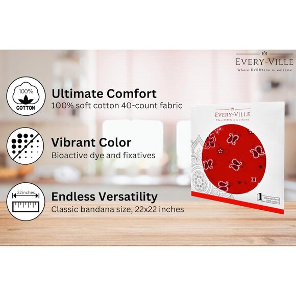 Women's Red Cotton Bandana - Large Cowgirl Imported Handkerchief Headband Scarf - Picture 2 of 7